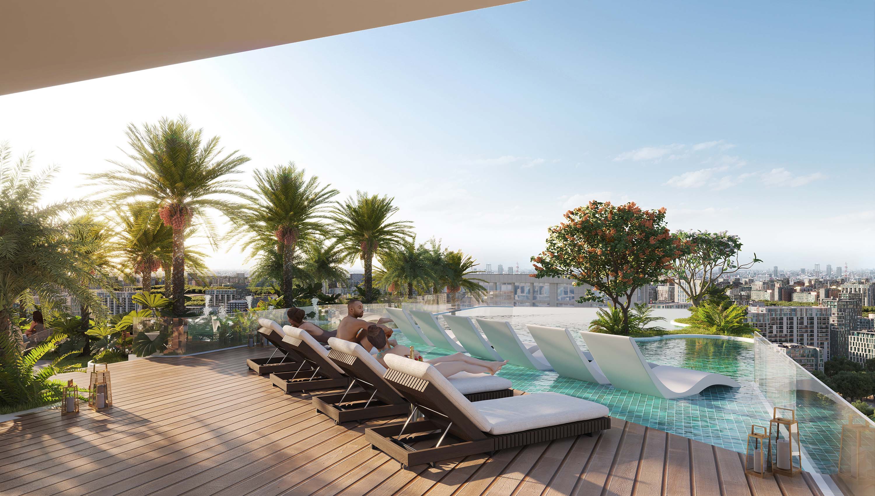 Cove Edition 4 By Imtiaz A modern rooftop pool area with loungers, palm trees, and a scenic city view under a clear blue sky.